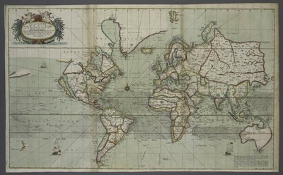 خريطة جديدة وصحيحة للعالم من أطلس البحر ، 1707 (طباعة ملونة) بواسطة مدرسة اللغة الإنجليزية