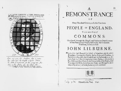 احتجاج من ليفليرس على مجلس العموم بشأن سجن زعيمهم جون ليلبورن (c.1614-57) نشر 1646 بواسطة مدرسة اللغة الإنجليزية
