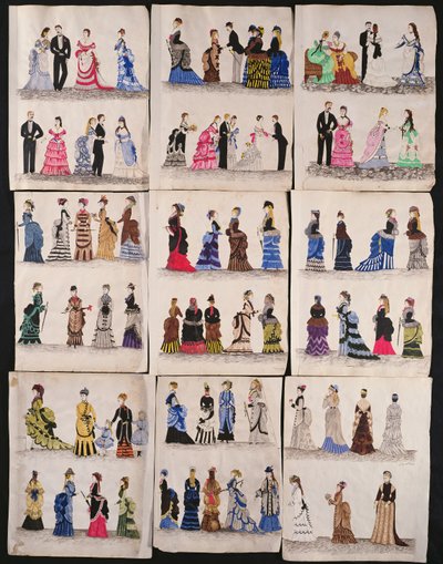 مجموعة مختارة من الأزياء الفيكتورية بما في ذلك قاعة الرقص وفساتين المشي ، c. 1876 (مرحاض على ورق) بواسطة مدرسة اللغة الإنجليزية