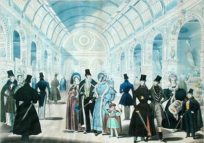 منظر في البانثيون ، شارع أكسفورد ، لندن ، يصور أزياء الشتاء من نوفمبر 1834 إلى أبريل 1835 ، نشرته شركة بى ريد وشركاه. بواسطة مدرسة اللغة الإنجليزية