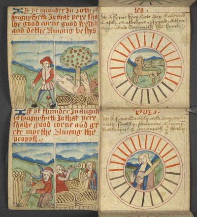 يضيف. 17367، f.6r Leo & Virgo، from Almanac، يحتوي على جدول بالحروف السائدة والأرقام الذهبية؛ اتجاهات للعثور على الأعياد المنقولة. تقويم القديسين ، العصور ، قائمة الملوك الإنجليز ، تنبؤات الطقس ، تأثير علامات بواسطة مدرسة اللغة الإنجليزية