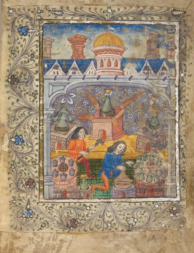 أضف MS 10302 f.37v f. 1r سبعة أفران مع اللقطات ، رعاها رجلان ، تحت سقف به قبة ومداخن ، حوالي 1477 (رق) بواسطة مدرسة اللغة الإنجليزية