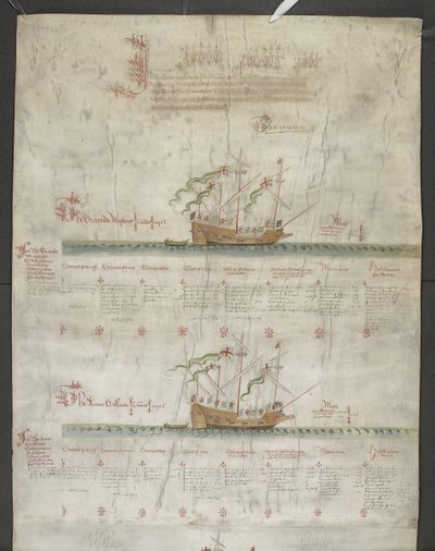 إضافة MS 22047 f.1r ، The galleass Grand Mistress ، و Anne Gallant ، من "The Anthony Roll" بواسطة مدرسة اللغة الإنجليزية