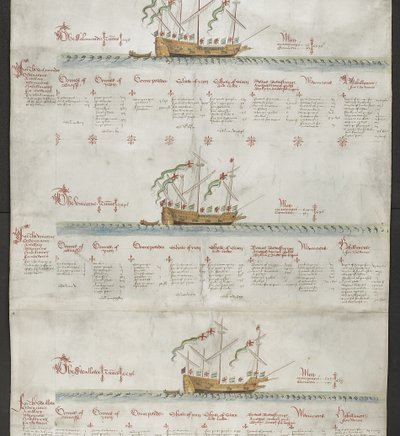 إضافة MS 22047 f.4r The galleass The Unicorn و The Swallow من "The Anthony Roll" بواسطة مدرسة اللغة الإنجليزية