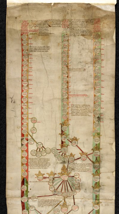 MS 18268 A الإضافي ، علم الأنساب لإدوارد الرابع من إنجلترا ، يظهر لقبه في تيجان ويلز وفرنسا وإنجلترا في ثلاثة أسطر من النسب. بواسطة مدرسة اللغة الإنجليزية