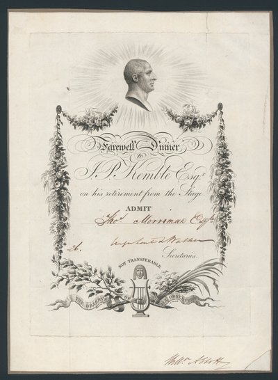تذكرة دخول العشاء للاحتفال بتوديع جون كيمبلز على المسرح ، 1819 بواسطة مدرسة اللغة الإنجليزية