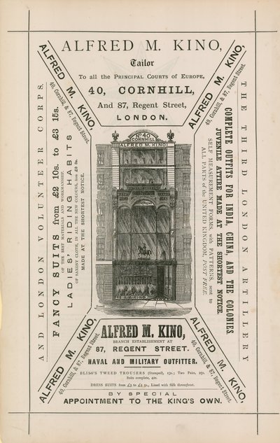 إعلان عن Alfred M Kino ، خياط ، 40 Cornhill و 87 Regent Street ، London بواسطة مدرسة اللغة الإنجليزية