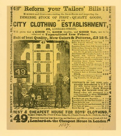 إعلان لـ Doudney & Son ، مؤسسة City Clothing ، 49 شارع لومبارد ، لندن بواسطة مدرسة اللغة الإنجليزية