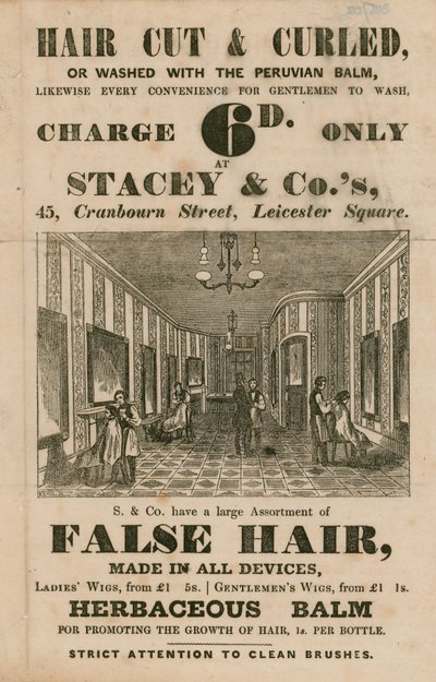 إعلان عن Stacey & Co.s، 45 Cranbourne Street، Leicester Square، London، تصفيف الشعر بواسطة مدرسة اللغة الإنجليزية