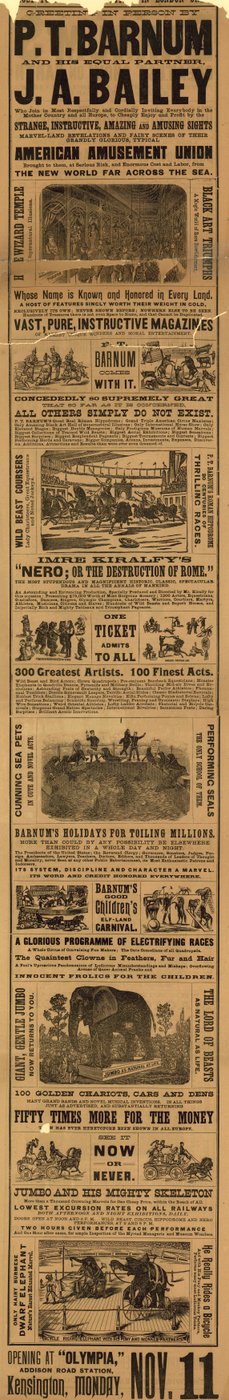 الإعلان عن ظهور PT Barnum و JA Baileys في أولمبيا بواسطة مدرسة اللغة الإنجليزية