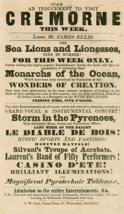 إعلان عن ظهور Sea Lions و Lionesses في حدائق كريمورن ، لندن عام 1848 بواسطة مدرسة اللغة الإنجليزية