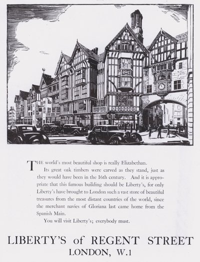 إعلان عن Liberty's Of Regent Street ، لندن ، حوالي عام 1944 (نقش خشبي) بواسطة مدرسة اللغة الإنجليزية