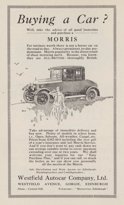 إعلان عن سيارات موريس عام 1926 بواسطة مدرسة اللغة الإنجليزية
