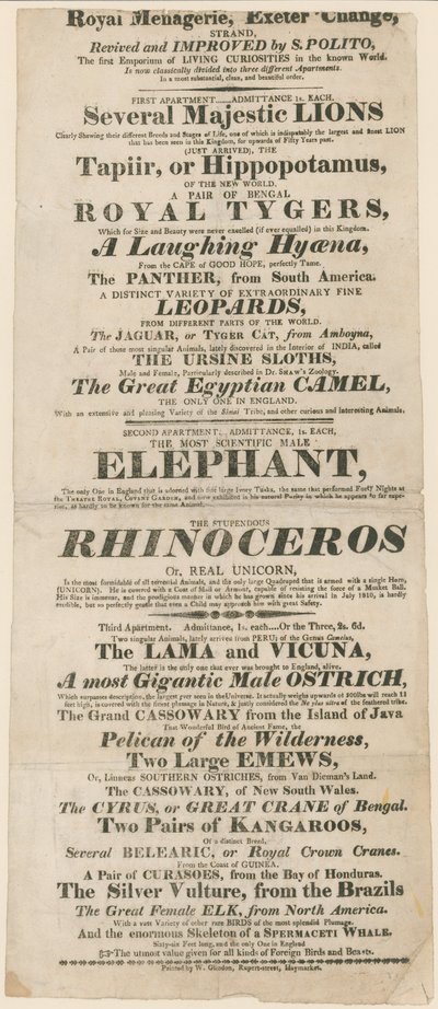 إعلان عن Royal Menagerie، Exeter Change بواسطة مدرسة اللغة الإنجليزية