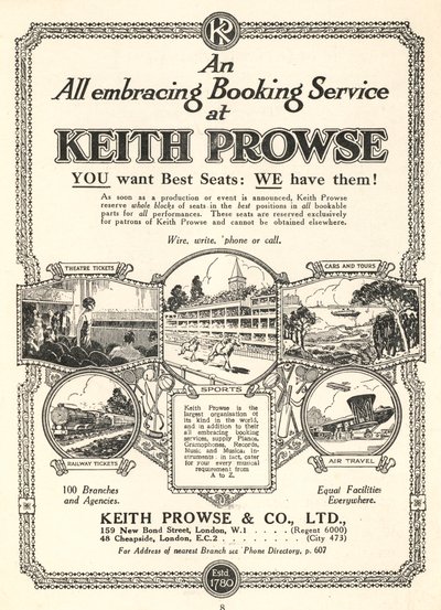 إعلان عن خدمات حجز التذاكر لشركة Keith Prowse & Co، Ltd (litho) بواسطة مدرسة اللغة الإنجليزية