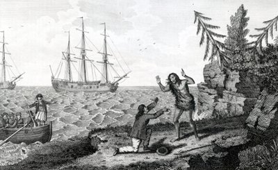 مقابلة مؤثرة مع اثنين من رجال Mokito ، صورة مأخوذة من Moyes Voyages and Travels ، 1778 بواسطة مدرسة اللغة الإنجليزية