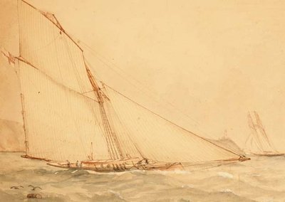 قاطع شراع علوي مزوَّد بثمانية أمتار من Gaff ، سرب اليخوت الملكي ، حوالي عام 1860 (ألوان مائية على ورق) بواسطة مدرسة اللغة الإنجليزية