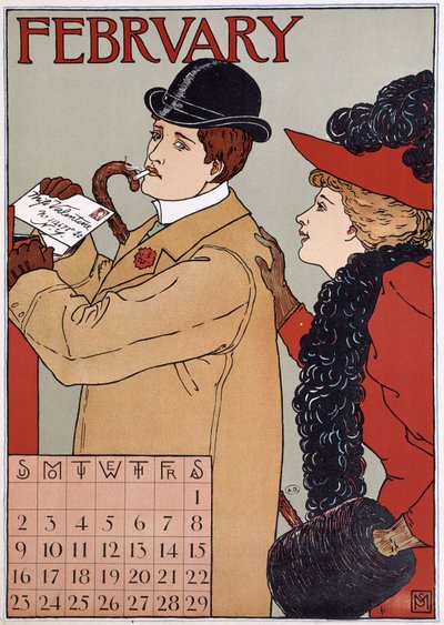 An elegant couple (man posts a letter), English calendar image, month of February, n.d. late 19th century. بواسطة مدرسة اللغة الإنجليزية