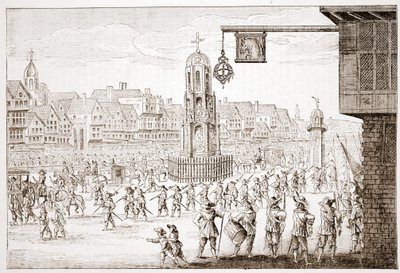 منظر قديم لرخيصة الجانب ، من La Serres Entree de la Revne Mere du Roy ، يظهر موكب ماري ميديسيس بواسطة مدرسة اللغة الإنجليزية