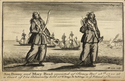 "أُدينت آن بوني وماري ريد بالقرصنة في 28 نوفمبر 1720 في محكمة نائب الأميرالية المنعقدة في سانت جاغو دي لا فيغا في جزيرة جامايكا" بواسطة مدرسة اللغة الإنجليزية