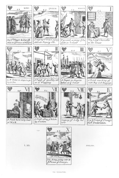أوراق اللعب المضادة للكاثوليكية في ذكرى الثورة المجيدة لعام 1688 ، بدلة القلب بواسطة مدرسة اللغة الإنجليزية
