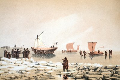 السفر في القطب الشمالي ، رسم توضيحي من رحلة إلى خليج بافينز ومضيق بارو ... ، 1852 (نقش يدوي) بواسطة مدرسة اللغة الإنجليزية