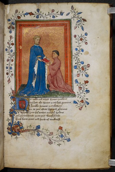 Arundel 38 f.37 Thomas Hoccleve يقدم كتابه "Regement of Princes" ، إلى أمير ويلز (لاحقًا هنري الخامس) حوالي 1411-13 (قلم وحبر وتمبرا على ورق) (انظر أيضًا 10048) بواسطة مدرسة اللغة الإنجليزية