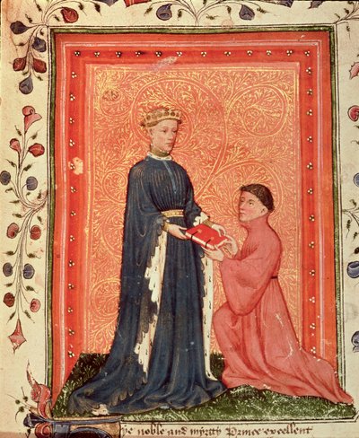 أروندل 38 ص 37. توماس هوكليف يقدم كتابه "Regement of Princes" ، إلى أمير ويلز (لاحقاً هنري الخامس) حوالي 1411-13 (ورق) بواسطة مدرسة اللغة الإنجليزية