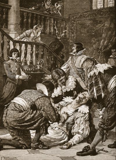 اغتيال دوق باكنغهام ، رسم توضيحي من "تاريخ إنجلترا المصور لكاسيل" (نقش) (صورة بني داكن) بواسطة مدرسة اللغة الإنجليزية