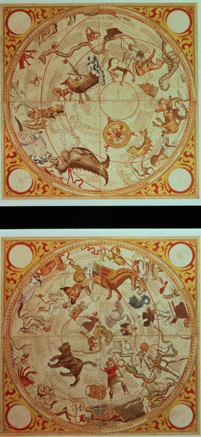 التقويم الفلكي ، علامات الأبراج ، حوالي 1660 (نقش ملون يدويًا) بواسطة مدرسة اللغة الإنجليزية