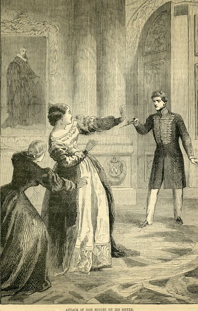 هجوم دون ميغيل على أخته ، مأخوذ من Cassells Illustrated History of England ، 18571858 بواسطة مدرسة اللغة الإنجليزية