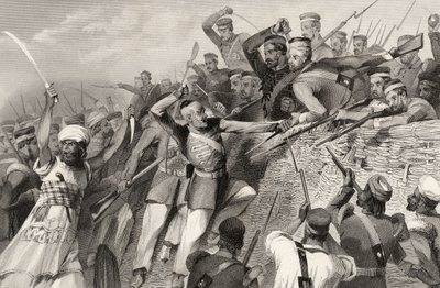 هجوم المتمردين على بطارية ريدان في لوكناو ، 30 يوليو 1857 ، من "تاريخ التمرد الهندي" ، نشر عام 1858 بواسطة مدرسة اللغة الإنجليزية