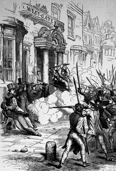 الهجوم على فندق ويست جيت ، نيوبورت في 4 نوفمبر 1839 بواسطة مدرسة اللغة الإنجليزية