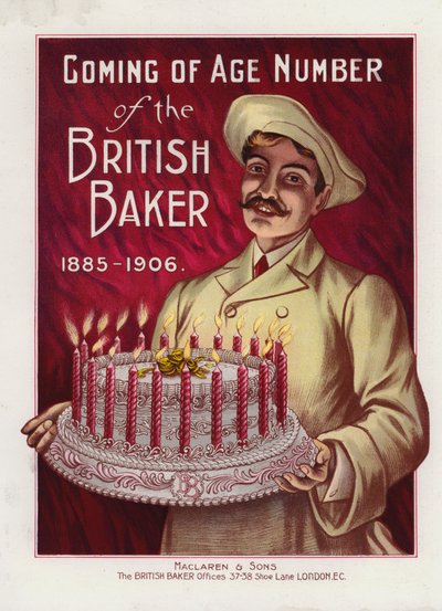 Baker with cake with 21 candles (colour litho) بواسطة مدرسة اللغة الإنجليزية