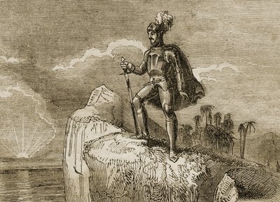 رؤية بالبوا الأولى للمحيط الهادئ في عام 1513 ، توضيح من "حكايات المسافرين أو منظر للعالم" ، نُشر عام 1838 (ليثو) بواسطة مدرسة اللغة الإنجليزية