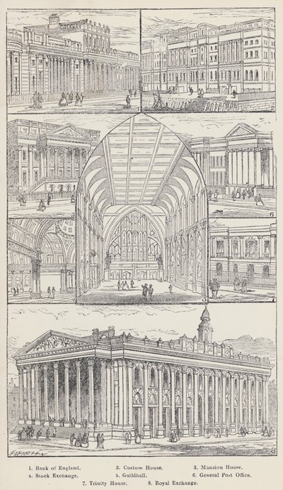 بنك إنجلترا ، Custom House ، Mansion House ، Stock Exchange ، Guildhall ، General Post Office ، Trinity House ، Royal Exchange (engraving) بواسطة مدرسة اللغة الإنجليزية