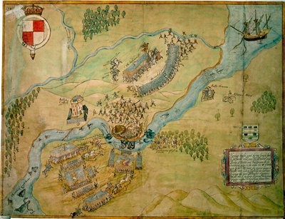 معركة إرني فورد عام 1593 (قلم وحبر مع غسيل على ورق) بواسطة مدرسة اللغة الإنجليزية