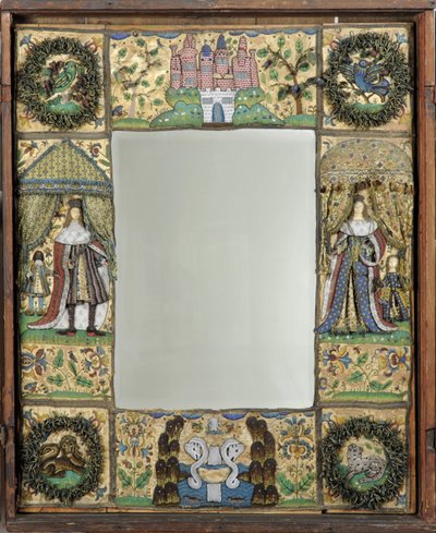 مرآة مزخرفة بالخرز ، ج. 1672-79 (خيوط من الحرير والمعدن والجلد مع خرز زجاجي ولامعة على أرض من الساتان الحريري ومغلفة بالبلوط) بواسطة مدرسة اللغة الإنجليزية