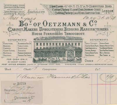 فاتورة من شركة Oetzmann & Co وصانعي الخزانات والمنجدات ومصنعي الفراش والمفروشات المنزلية بواسطة مدرسة اللغة الإنجليزية