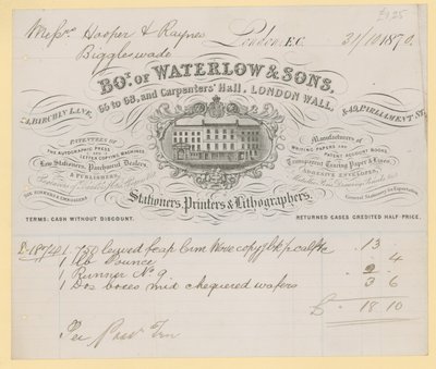 فاتورة من Waterlow and Sons، 66-68 Carpenters Hall، London Wall، stationers بواسطة مدرسة اللغة الإنجليزية