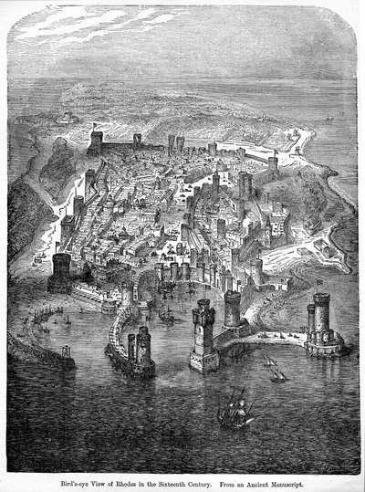 منظر عين الطير لرودس في القرن السادس عشر ، من مخطوطة قديمة ، من المجلد "Cassell&39;s Illustrated History of England" vol. 2 ، نشر عام 1873 بواسطة مدرسة اللغة الإنجليزية
