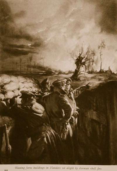 اشتعلت النيران في مباني المزارع المشتعلة في فلاندرز بسبب القصف الألماني ، 1914-1919 بواسطة مدرسة اللغة الإنجليزية