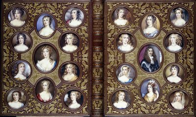 غلاف كتاب يحتوي على 22 منمنمة بورتريه لتشارلز الثاني والنساء الجميلات في بلاطه ، 1833 بواسطة مدرسة اللغة الإنجليزية