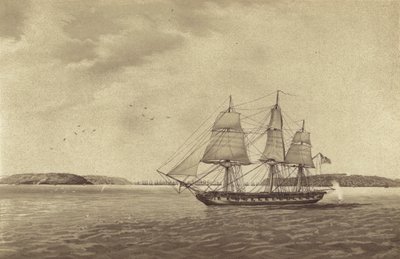الفرقاطة البريطانية HMS Fisgard، بقيادة القبطان تماس بيام مارتن، تقوم بالاستطلاع قبالة بريست، فرنسا (صورة ليثوغرافية) بواسطة مدرسة اللغة الإنجليزية