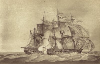 British frigate HMS Santa Margarita, commanded by Captain Thomas Byam Martin, capturing the French frigate Tamise, June 1796 (litho) بواسطة مدرسة اللغة الإنجليزية