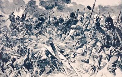 القوات البريطانية في أقنعة الغاز تتهم الخنادق الألمانية في لوس ، فرنسا ، 25 سبتمبر 1915 ، من "ألبوم الحرب المصور deLuxe" ، المنشور في لندن ، 1916 بواسطة مدرسة اللغة الإنجليزية