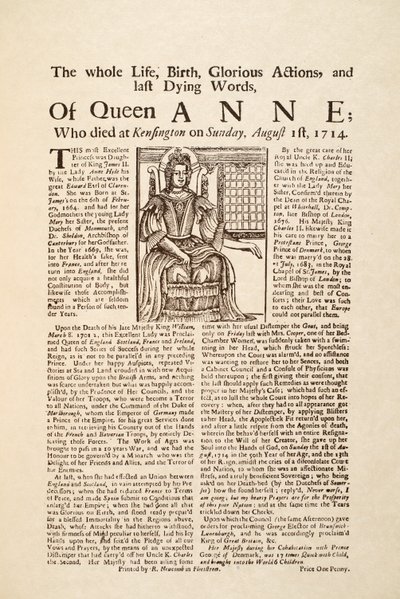 نشرة نُشرت في وفاة الملكة آن ، يوم الأحد 1 أغسطس 1714 (مطبوعة ونقش خشبي) بواسطة مدرسة اللغة الإنجليزية