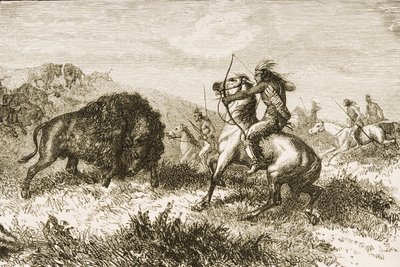 صيد الجاموس في السهول الكبرى بين سانت لويس ودنفر ، c.1870 ، من "الصور الأمريكية" ، نشرته جمعية المسالك الدينية ، 1876 بواسطة مدرسة اللغة الإنجليزية
