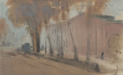 البناء بالأشجار (دراسة لجسر تشيلسي) ، المنسوبة سابقًا إلى JMW Turner (1775-1851) ونسبت أيضًا إلى Peter de Wint (1784-1849) ، 1825-27 (زيت على ورق) بواسطة مدرسة اللغة الإنجليزية