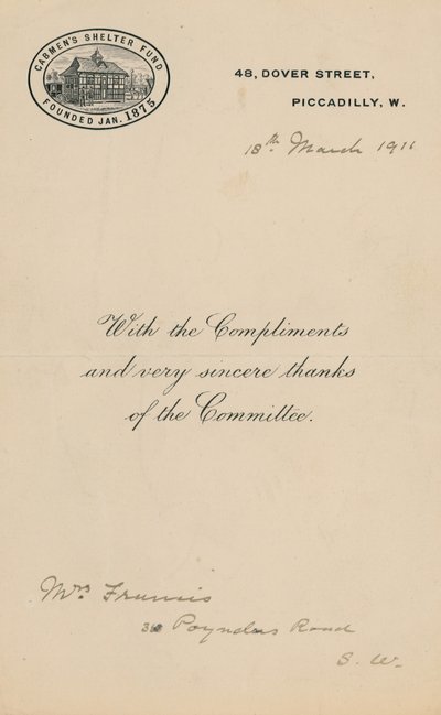 Cabmens Shelter Fun ، تأسست يناير 1875. رسالة بواسطة مدرسة اللغة الإنجليزية